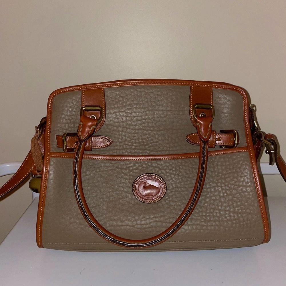 Vintage authentic Dooney & Bourke all weather leather taupe and brown satchel